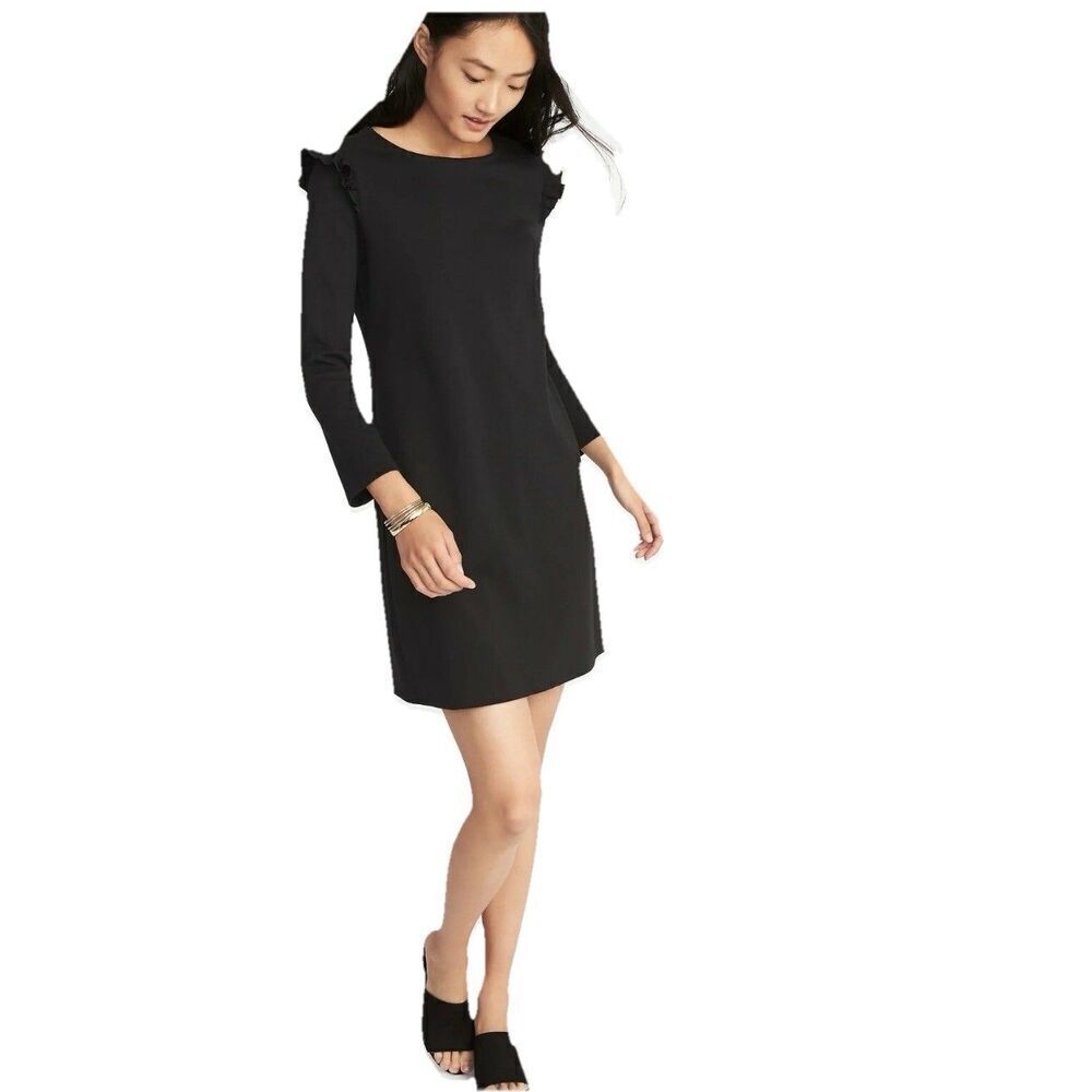 Old Navy Long Sleeve Shift Dress XXL Black Ruffle Trim Office Modest Preppy Work